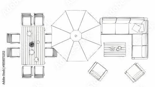 Top view sketch of outdoor furniture arrangement for patio or deck.