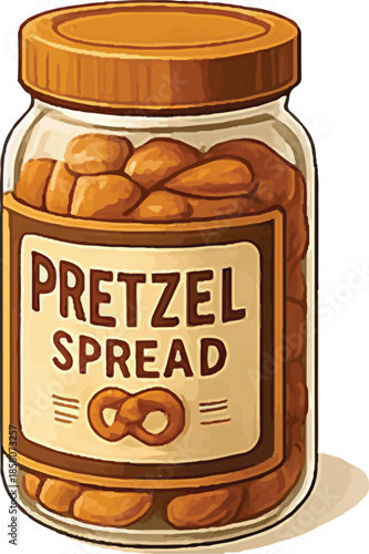 Creamy pretzel spread in clear jar, illustrated gourmet dip jar