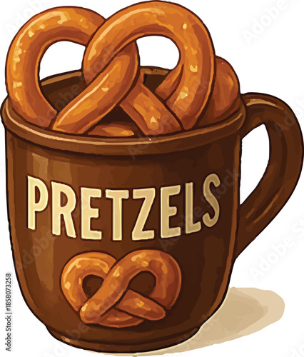 Warm ceramic mug overflowing with pretzels, cute snack vessel art
