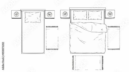 Top view sketch of two beds with nightstands and lamps.