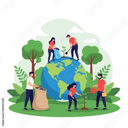 Environmental protection and Earth Day concept showing volunteers planting trees and cleaning up a large globe surrounded by nature.