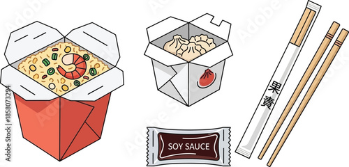 Colorful Illustration of Asian Takeout Meal with Fried Rice, Dumplings, Soy Sauce, and Chopsticks for Home Dining