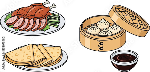 Illustration of East Asian cuisine: roasted fowl, steamed dumplings, and thin pancakes, served with dipping sauce.