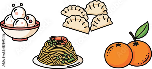 Vibrant cartoon illustrations of assorted Asian culinary delights including dumplings, noodles, sweet rice balls, and fresh oranges