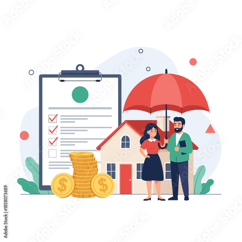 Happy couple standing in front of their new house under a protective umbrella with coins and an insurance checklist nearby.
