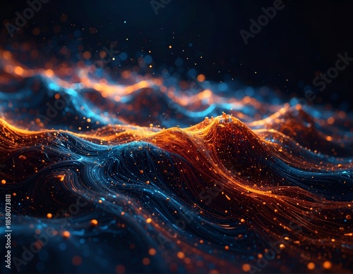 Abstract glowing waves of blue and orange light against a dark background