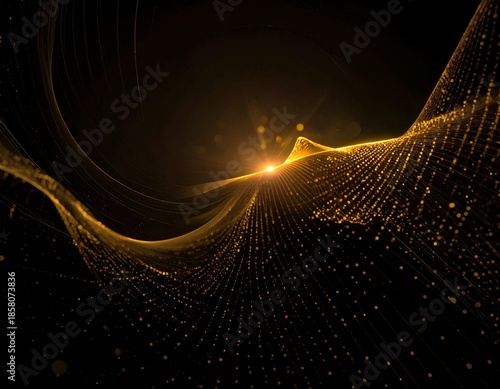 Abstract gold particles flow in waves with a lens flare against a black backdrop