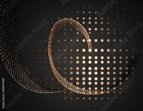 Abstract golden ribbon swirls on a dark dotted background, creating a dynamic visual
