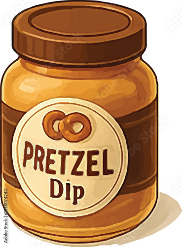Tangy pretzel dip in small jar, illustrated creamy condiment