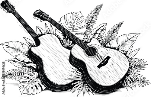 Black and white illustration of two guitars with leaves