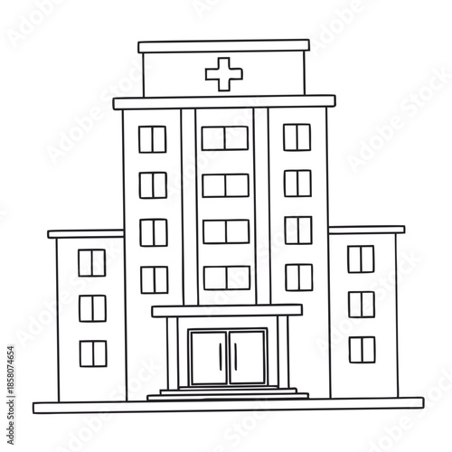 Hospital Illustration: A clean, monochrome illustration of a modern hospital building, featuring a prominent cross symbol.
