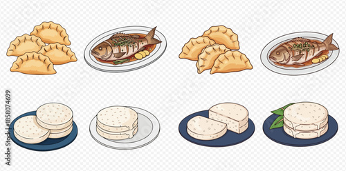 Collection of traditional Latin American cuisine illustrations including empanadas, fish, and arepas.