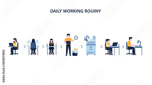 Infographic illustration of a daily working routine with various office activities.