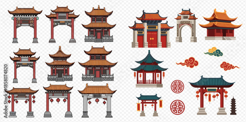 Set of traditional Chinese buildings, temples, gates, and decorative elements in flat style.