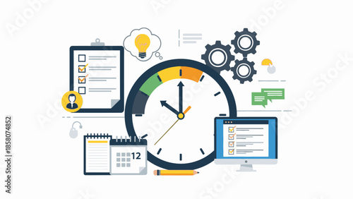 Flat lay illustration of a clock surrounded by business planning icons on a white background with a modern and productive mood.