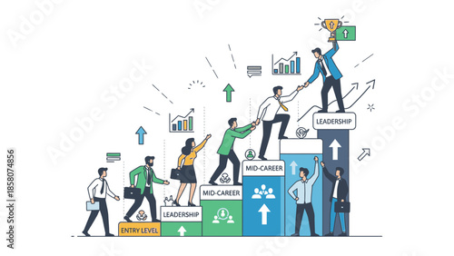 Illustration of business professionals climbing and working on colorful blocks with various charts and graphs in a conceptual teamwork scene with a professional and corporate mood.