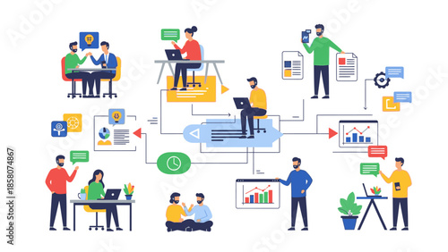 Flat lay illustration of a diverse group of people working together on various projects with laptops and graphs in a colorful, modern workspace with a productive mood.