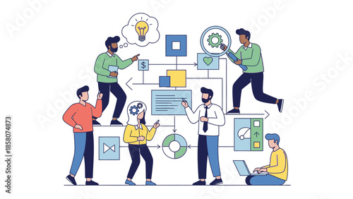 Illustration of a diverse group of people collaborating and working together with digital devices and various office supplies in a colorful and lively setting with a professional and