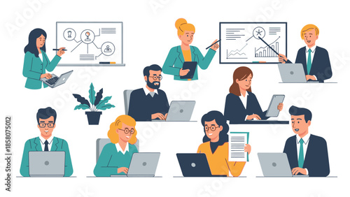 Illustration of diverse business professionals collaborating and working on laptops and presenting data in a modern office setting with a professional and productive mood.