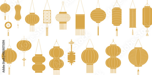 Golden Chinese lantern collection illustration, traditional Asian hanging lanterns, festive decoration design, Lunar New Year celebration background, minimal vector art