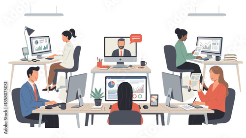 Illustration of a diverse group of office workers sitting at desks with computers in a collaborative workspace with a clean white background.