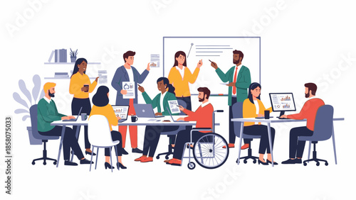 Diverse group of coworkers collaborating in an office with a whiteboard and computers, conveying a professional and inclusive atmosphere.