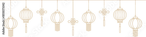 Minimal Chinese lantern line art banner, traditional Asian hanging lantern decoration, elegant festive design for Lunar New Year background
