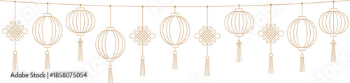 Minimal Chinese lantern line art banner, traditional Asian hanging lantern decoration, elegant festive design for Lunar New Year background