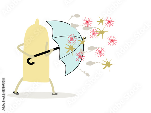 Condom character holding umbrella symbolizing safe sex, sexual health protection, and disease prevention concept