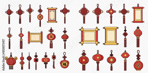 Set of traditional Chinese New Year decorations, including lanterns, knots, and scrolls, symbolizing good fortune and prosperity.