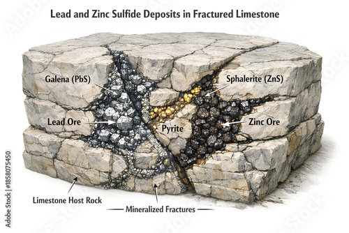 Lead and Zinc Sulfide Mineral Deposits in Fractured Limestone Geological Diagram