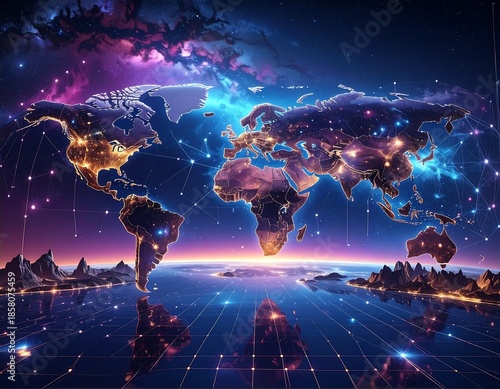 Illuminated world map in a cosmic night sky with connecting lines