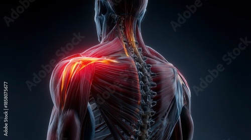 Anatomical illustration showing the human back and shoulder highlighting pain and muscles with glowing orange highlighting