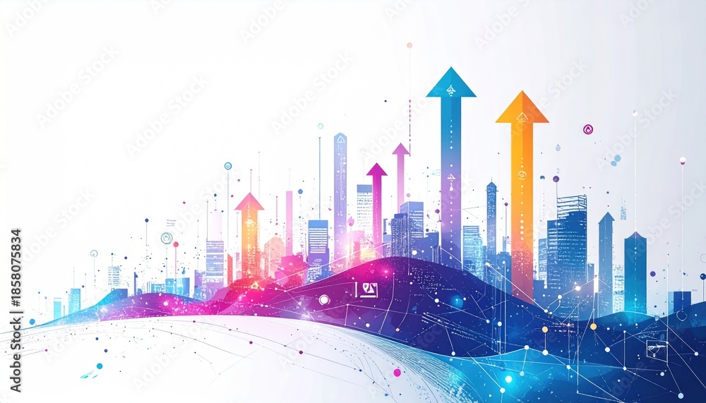 Obraz premium Futuristic Cityscape with Upward Arrows Symbolizing Growth and Progress.