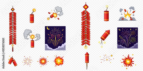 Set of cartoon firecrackers, rockets, and fireworks explosions for celebrations and festivals.