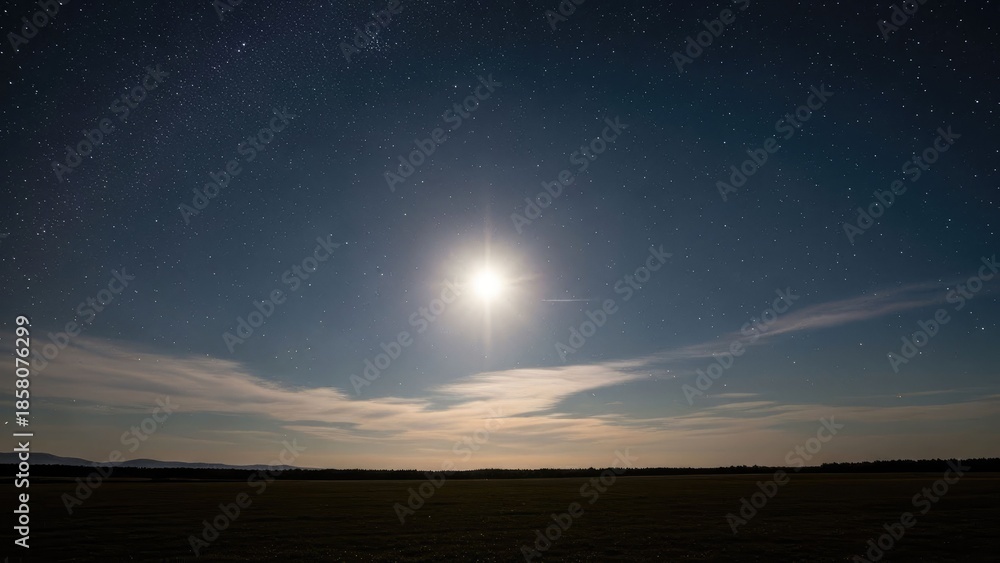 Obraz premium Night sky scene with a bright moon, clouds and fields under the stars