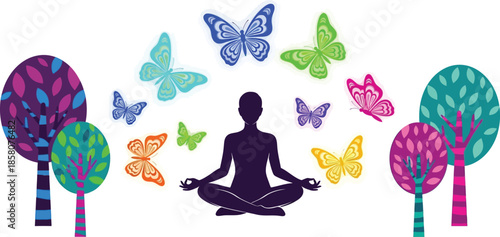 Person meditating with butterflies
