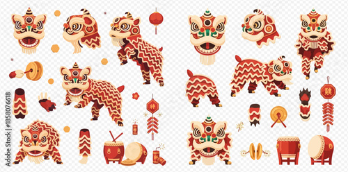 Chinese New Year Lion Dance celebration elements set with drums, lanterns, and firecrackers for festive design.