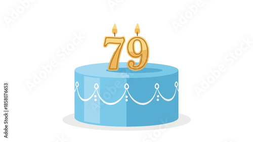 Illustration of a blue birthday cake with white decorations and a gold '79' candle on top against a plain white background.