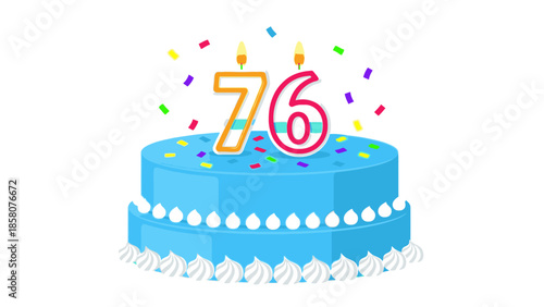 A blue birthday cake with white icing and colorful sprinkles featuring lit candles in the shape of the number 76 on top against a plain white background.