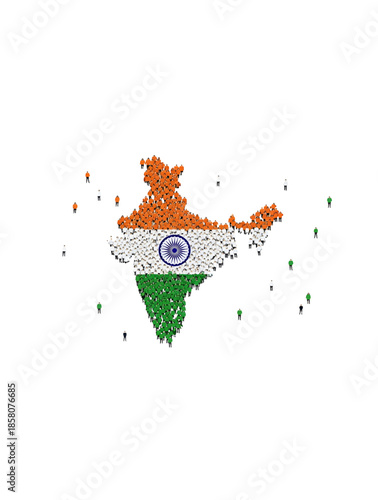 Map of India created with crowd of people in tricolor pattern representing unity patriotism national pride for republic day and independence day celebration on 26 january and 15 august