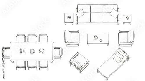 Top view furniture layout plan for a modern living room and dining area.