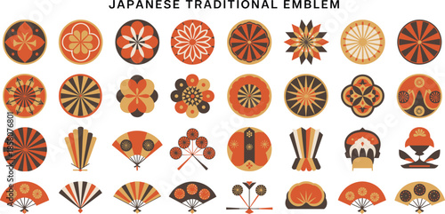 Japanese traditional emblem set, Kamon crest icons, red gold black motifs, cultural symbols, heritage design, floral abstract pattern, flat vector illustration