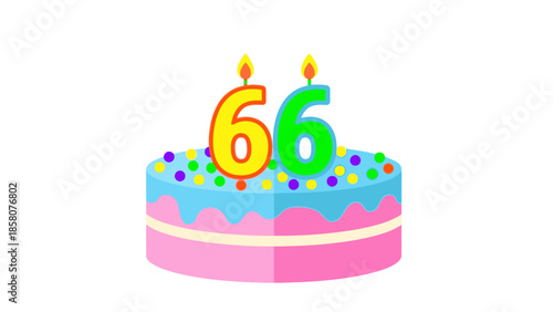 Colorful cartoon birthday cake with blue frosting, pink layers, and lit candles forming the number 66 on top, against a plain white background.