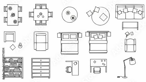 Top view furniture icons for interior design blueprints.