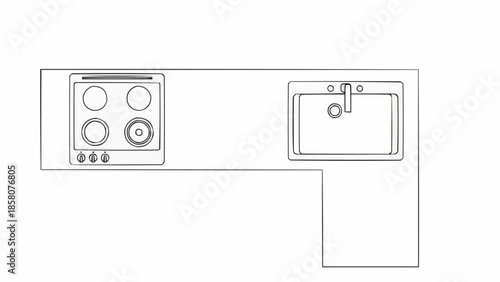Top view kitchen counter with stove and sink illustration.