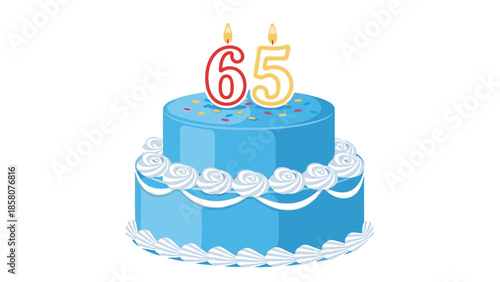 Illustration of a blue birthday cake with white icing and 65 candles on top against a plain white background.