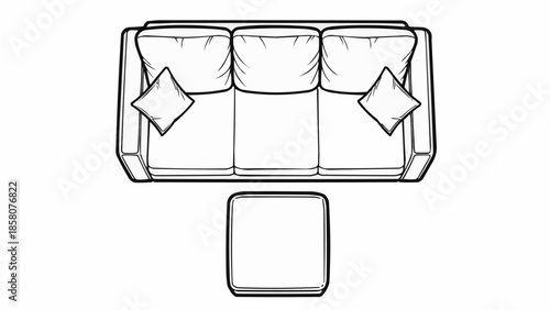 Top view line drawing of a modern sofa with two cushions and an ottoman.