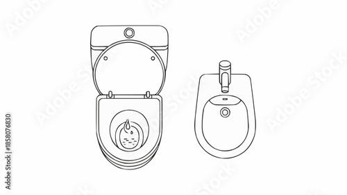Top view line drawing of a toilet and bidet.