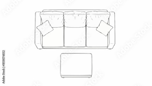 Top view line drawing of a modern three-seater sofa and ottoman.
